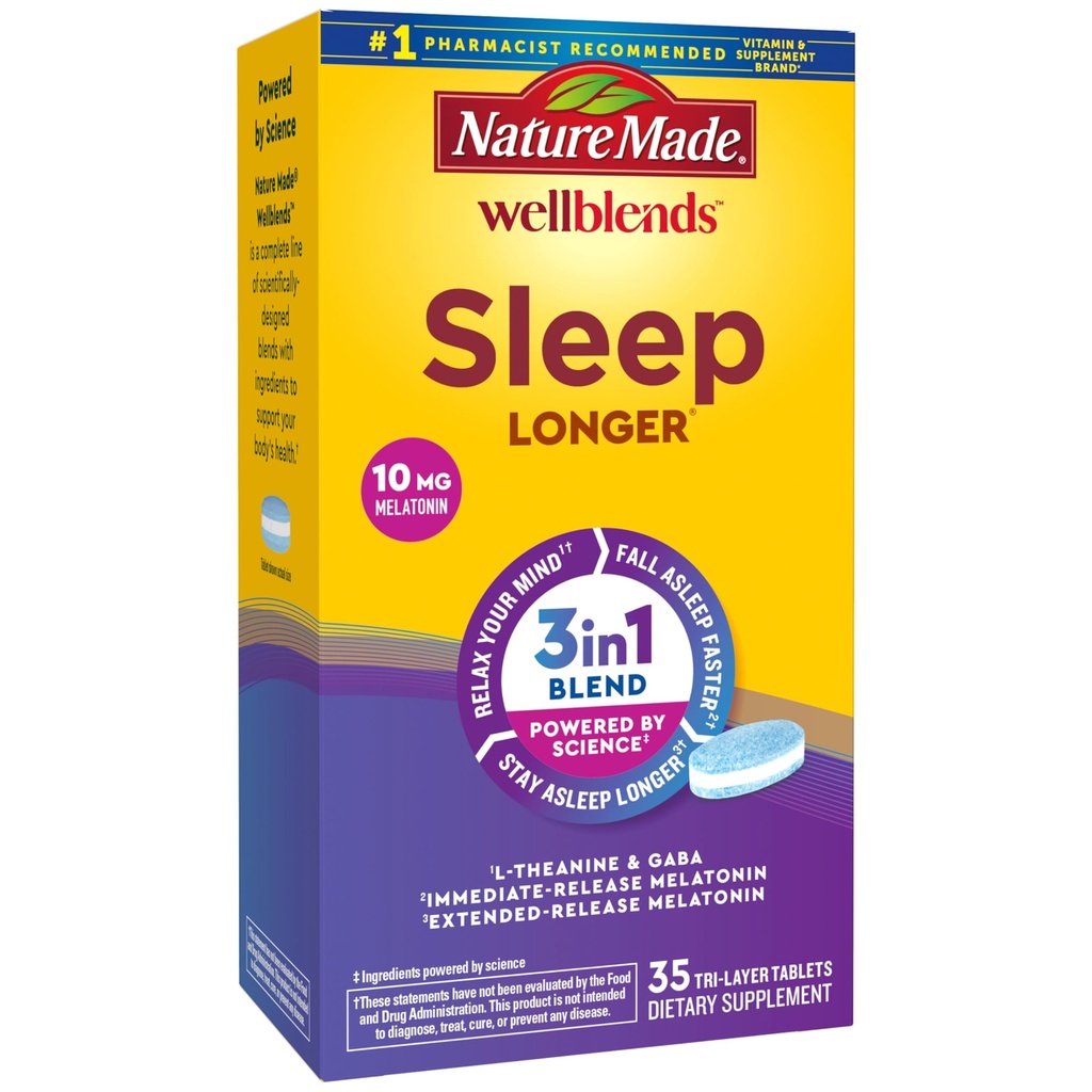 Nature Made Wellblends Sleep Pidempi, Melatoniini 10 mg, L theanine 100 mg, ja GABA 100 mg, Sleep Supplement, 35 Tri- Layer tablettia
