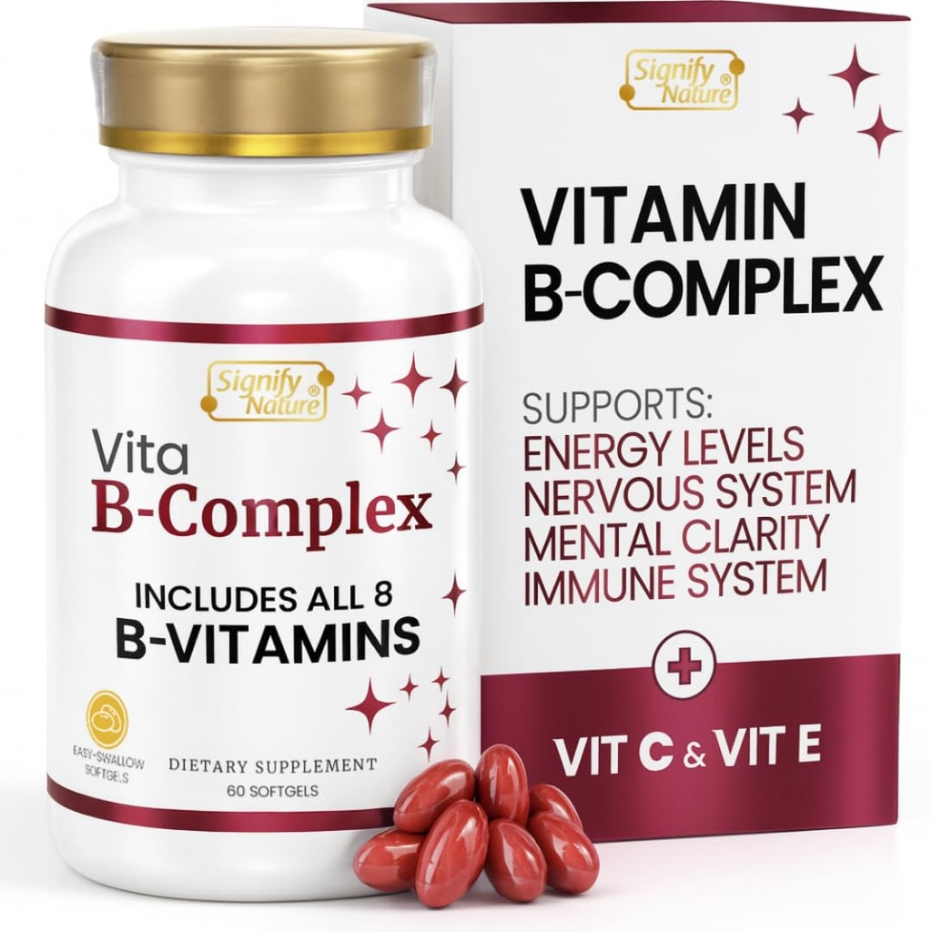 SIGNIFY LUONNON VITABCompleksi, jossa on C- ja E-vitamiinia, B-vitamiinia naisille ja miehille, B-vitamiinilisät, VIT B1, B2, B3, B5, B6, B8, B9, B12, Super B Softgels - 60 CT
