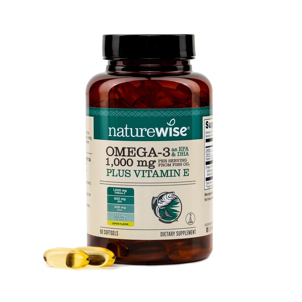 NatureWise Extra-Strength Omega 3 Fish Oil Supplement - 1000mg per Servering - 600 EPA & 400 DHA och vitamin E - Stöd för hjärt- och hjärnhälsa - Lemon Flavor, GMO-Free - 60 Softgels[1-månaders leverans]
