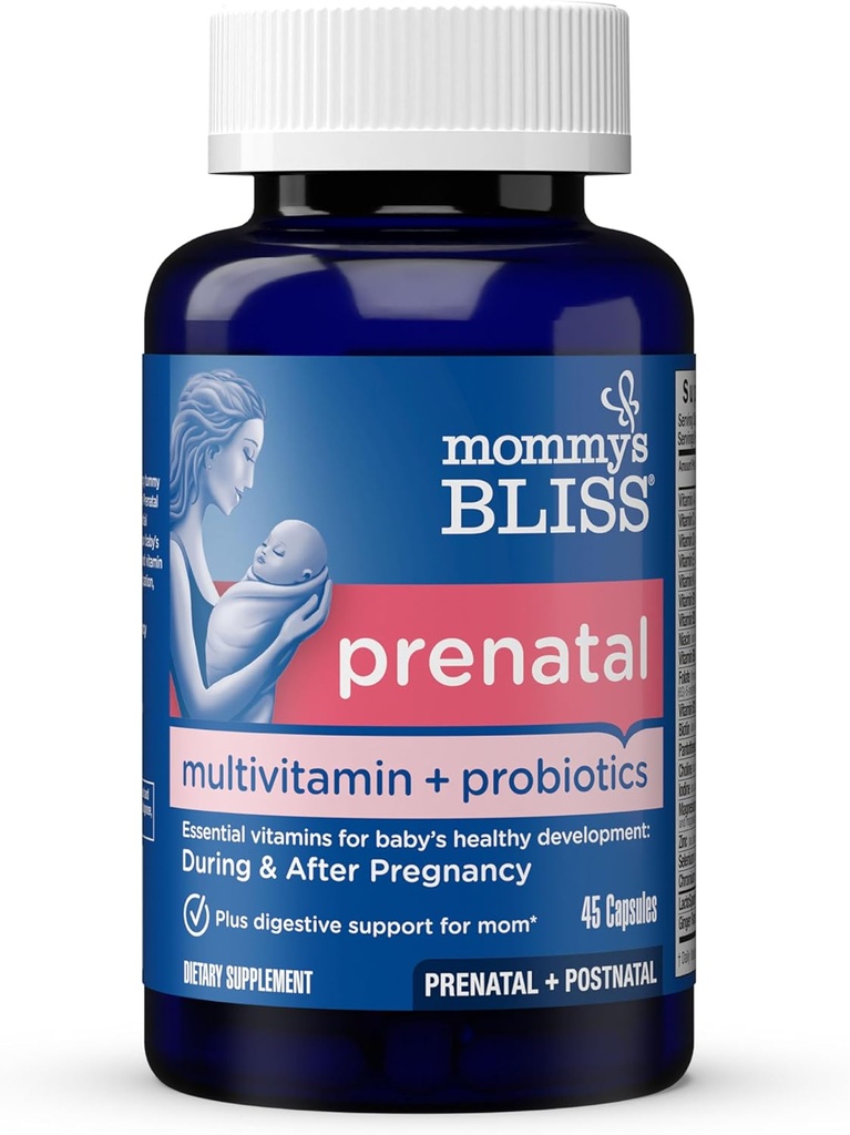 Äidin Bliss Prenatal Multitamine + Probiootti naisille w/ Foolihappo, tukee Baby Development & äidin digestion w/ Sinkki, B6-vitamiini & B12, inkivääri & koliini, vegaaninen & gluteeniton (45 tarjoilua)