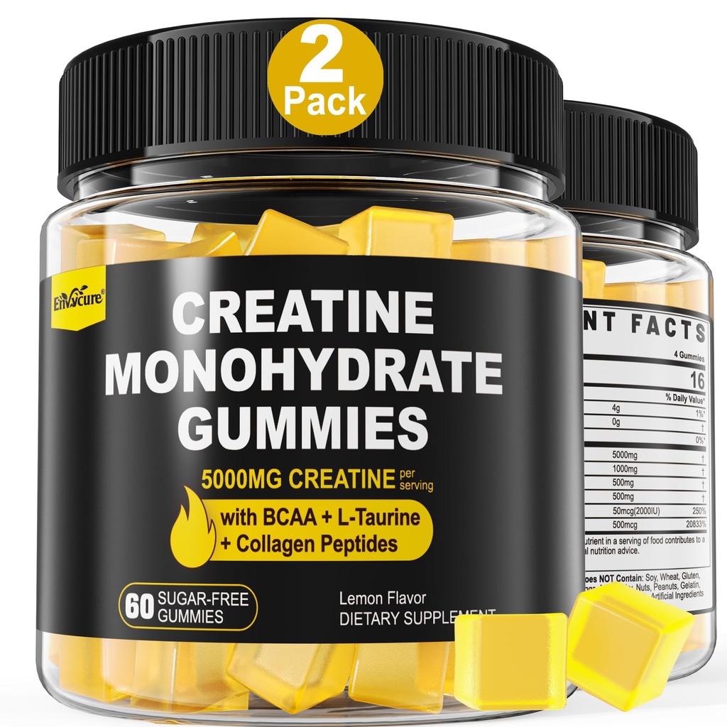 Creatiini Monohydraatti Gummies for Men & Women - kanssa BCAA, Collagen Peptides, L-Tauriini, B12-vitamiini, D3, purut Creatiini Monohydraatti 5g per tarjoilu, luonnollinen sitruunan maku, sokeriton, 2 pakkaus