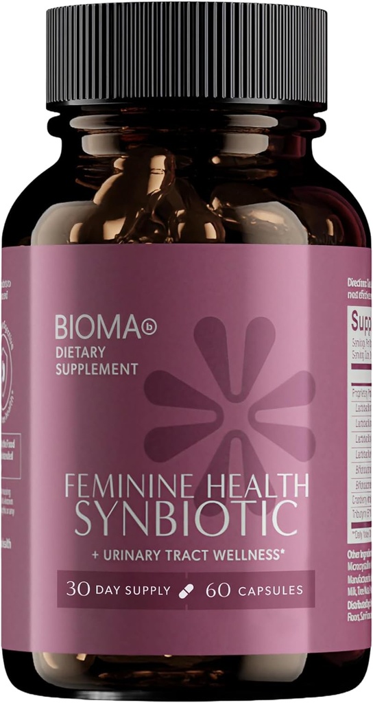 BIOMA Feminine Health Synbiotic - Kvinnors hälsotillskott för hälsosamt vaginalt pH, urinvägs- och matsmältningsstöd - med probiotika, tranbär & tributyrin - 60 kapslar (30-dagars leverans)