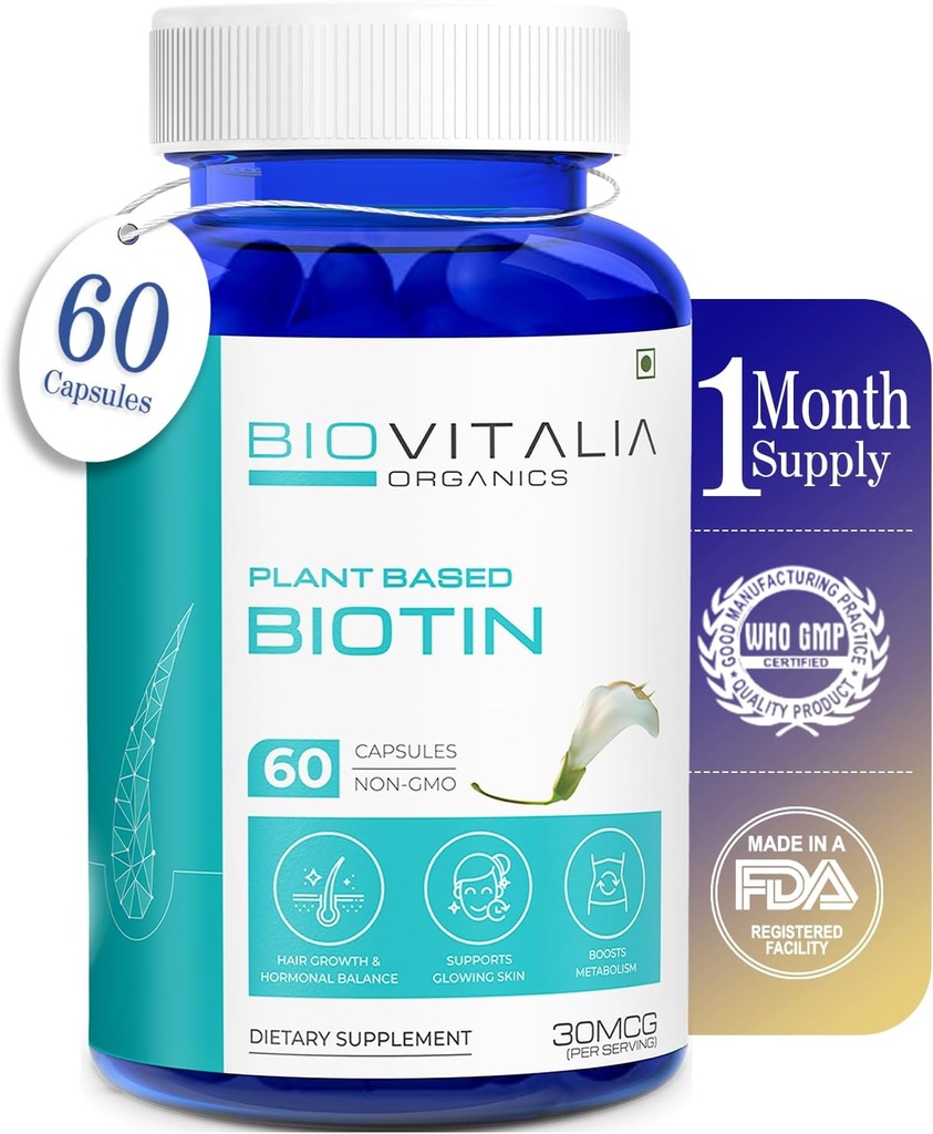 Plant Based Pure Biotin Supplement Capsules- Support Stronger Nails & Hair Growth Berikad med Sesbania Grandiflora Sunflower Seeds Amla Beetroot & Spinach - 60 Veg Capsules