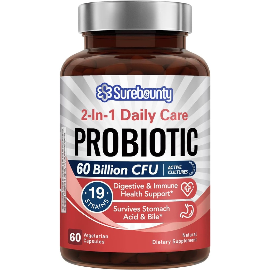 Probiootit 60 miljardia PMY 19 kantaa miehille ja naisille, 100 mg prebiootti, säilyvyys vakaa, 2-in-1 Päivittäinen hoito Probiootti, ei-GMO, digestiivinen ja immuuniterveys, 60 kasviskapselia