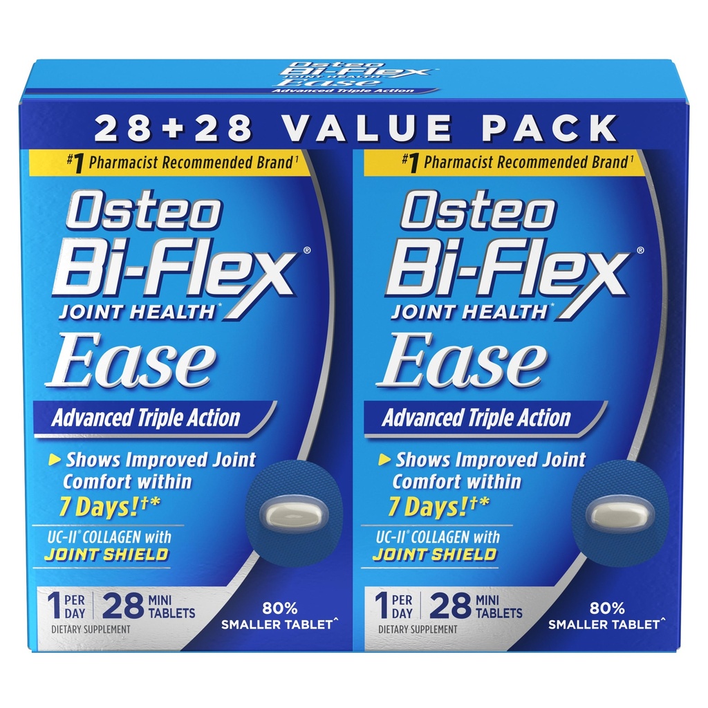 Osteo Bi-Flex Ease Advanced Triple Action with D-vitamiini joint lisäravinteet, Mini-pöydät, 28 Count, Pakkaus 2