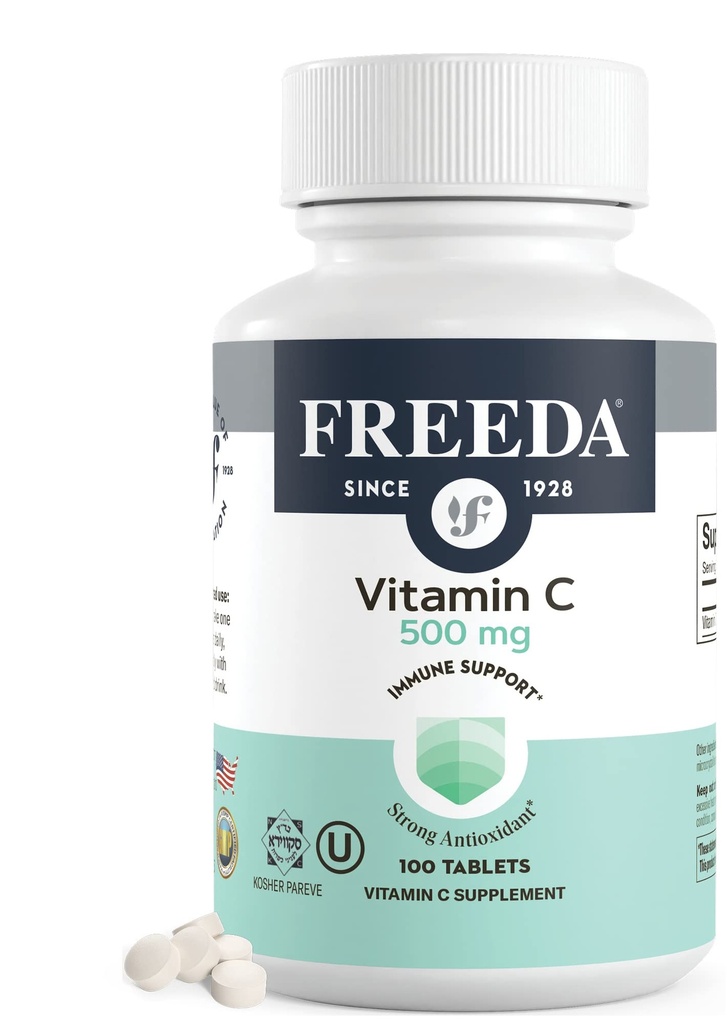 FREEDA Vitamin C - Vegan Vitamin C 500mg - Kosher - Kraftfull Antioxidant Immune Support - Lätt att svälja vitaminer C tabletter som askorbinsyra - Ren vitamin C 500 mg - VIT C Supplement (100 greve)