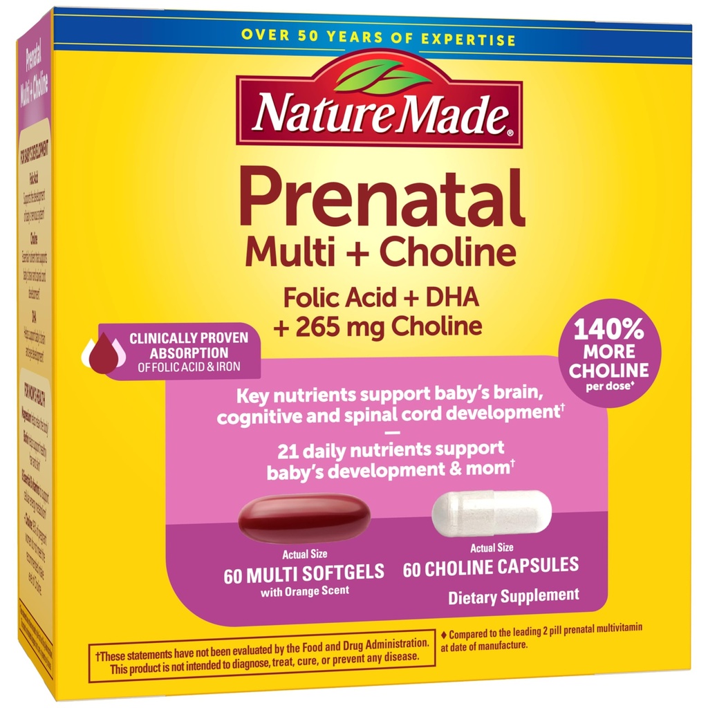 Nature Made Prenatal Vitamiini Softgels + Koliinikapselit, Foolihappo + DHA + Koliini, 60 Prenatal Vitamiineja naisille, 60 Koliini täydentää kapselit, 60 päivän tarjonta