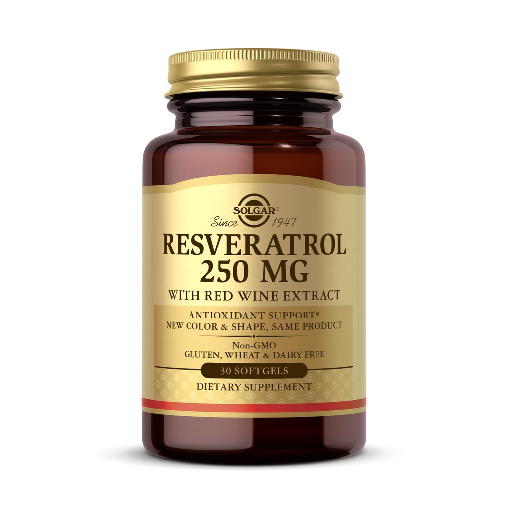 Solgar Resveratrol 250 mg Red Wine Extract - 30 Softgels - Antioksidantti tuki - Ei-GMO, Gluteeniton, Dairy Free - 30 Tarjoilut