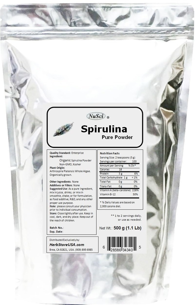 Spirulina orgaanisesti kasvanut 100% puhdasta jauhetta 500g (1,1 lb) Tuoreita GMO:ita sisältämätön säteilevä