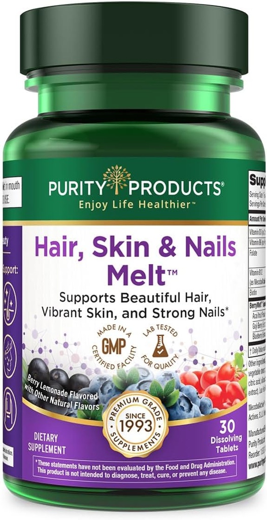 Purity Products Hair, Skin + Nails Melt 1000mcg B-12 + 2500mcg Biotin Energy Berry Melt - Utsökt Berry Lemonade Flavor w / Super Fruits - B12 Methylcobalamin - 30 smält tabletter