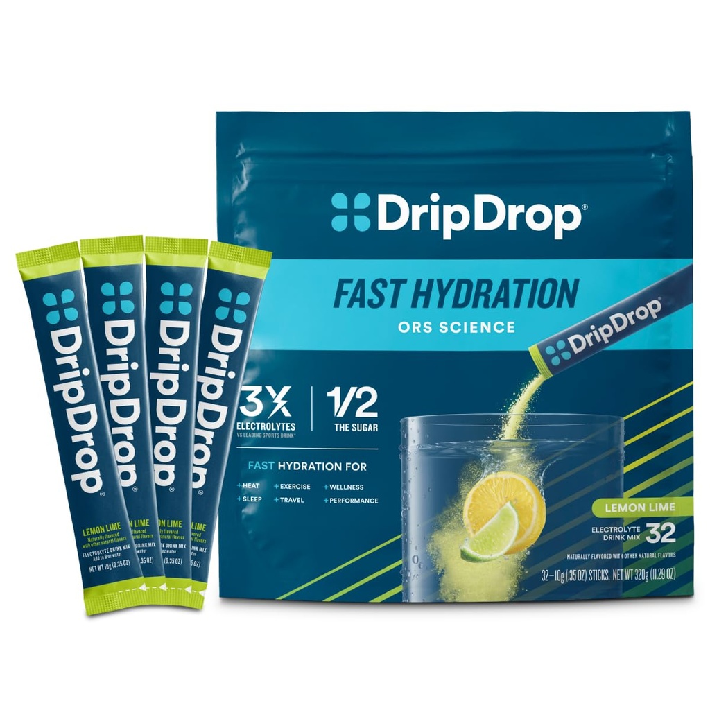 DripDrop Hydration Packets - sitruunan limetti - Yksittäisannos Elektrolyyttejä Powder Drink Mix - Ei-GMO, Gluteeniton, Vegan - 32 Sticks