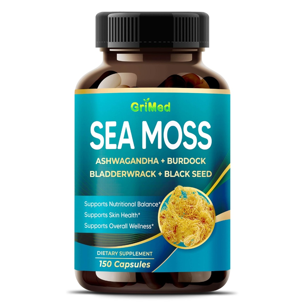 Premium Sea Moss Ashwagandha, Burdock Black Seed for Immunet System, Iho, Digestion & Energy- Valmistettu Yhdysvalloissa (150 laatikko 1)