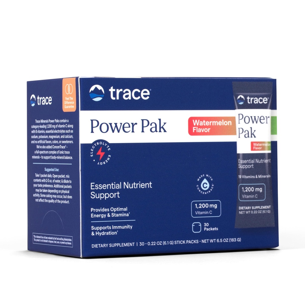 Trace Minerals Power Pak - Multivitamiini Packets for Essential Ravintoaine Support - Hydraation, Immuniteetti & Energia - Luonnollinen Vitamiinit & Minerals - Watermelon Flavor - 30 Packets