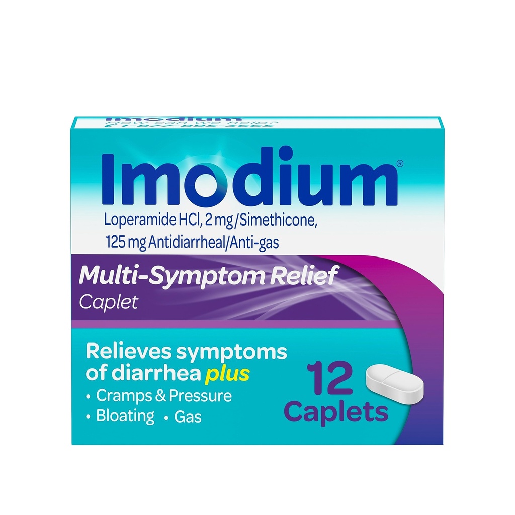 Imodium Multi-Symptom Relief Caplets, Loperamide Hydrochloride & Simethicone Anti-Diarrheal Medicine för lindring av Diarrhea, Gas, Bloating, Cramps & Pressure, HSA / FSA Berättigad, 12 ct