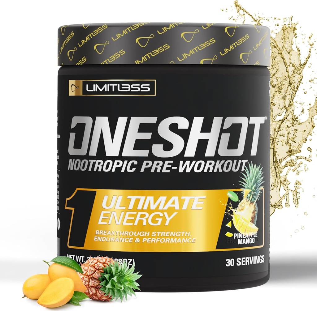 ONESHOT Pre Treenout Powder for Miehet ja naiset - BCAAS Aminohappoja täydentää Powder, 200 mg kofeiini, Beta Alanine Powder, Citrullline malate Preworkout Powder - Ananas Mango - 30 tarjoilua