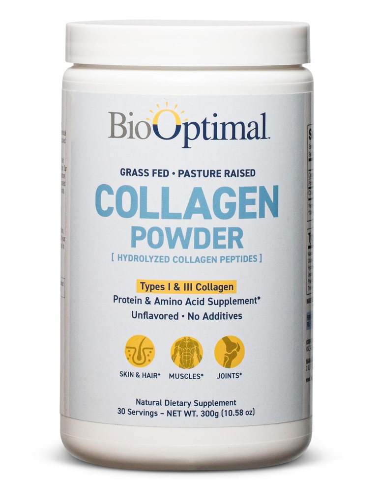 BioOptimal Collagen Peptides Powder - Grass-Fed, Pasture-Raised Hydrolysed Protein Supplement for Skin, Hair, & Nails - non-GMO, Zero Sugar Daily Sugar Supplement for Men & Women (30 Servings)