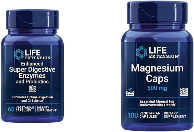 Livslängd 60 vegetariska kapslar Förbättrad Super Digestive Enzymes & Probiotics och 100 Magnesium kapslar för hjärta, ben, Metabolism Support