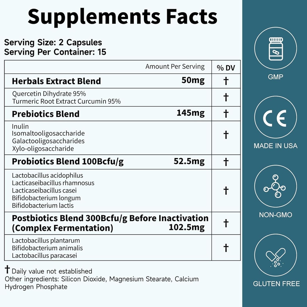 Probiootit Naiset Men Gut Health: Ruoansulatuselimistö Immuunituki Bloating Relief Hylly Vakaat kannat 35B PMY per kapseli Complex Prebiootit Quercetin & Curcumin Ruokavalion täydennys