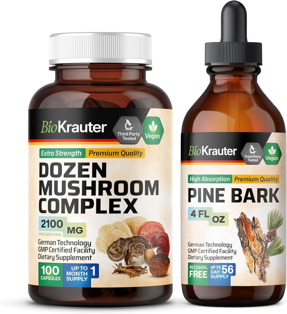BIO KRAUTER Kymmenes sieni 100 kapselia & Pine Bark Tincture 4 Fl. Oz.