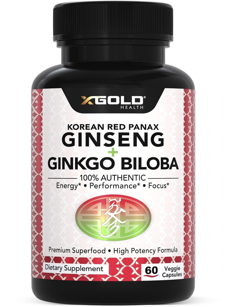 Korea Red Panax Ginseng 1200mg + Ginkgo Biloba - Extra Strength Root Extract Powder Supplement w/High Ginsenosidit Vegan kapselit energia, suorituskyky & Focus - täydentää miehille & naisille