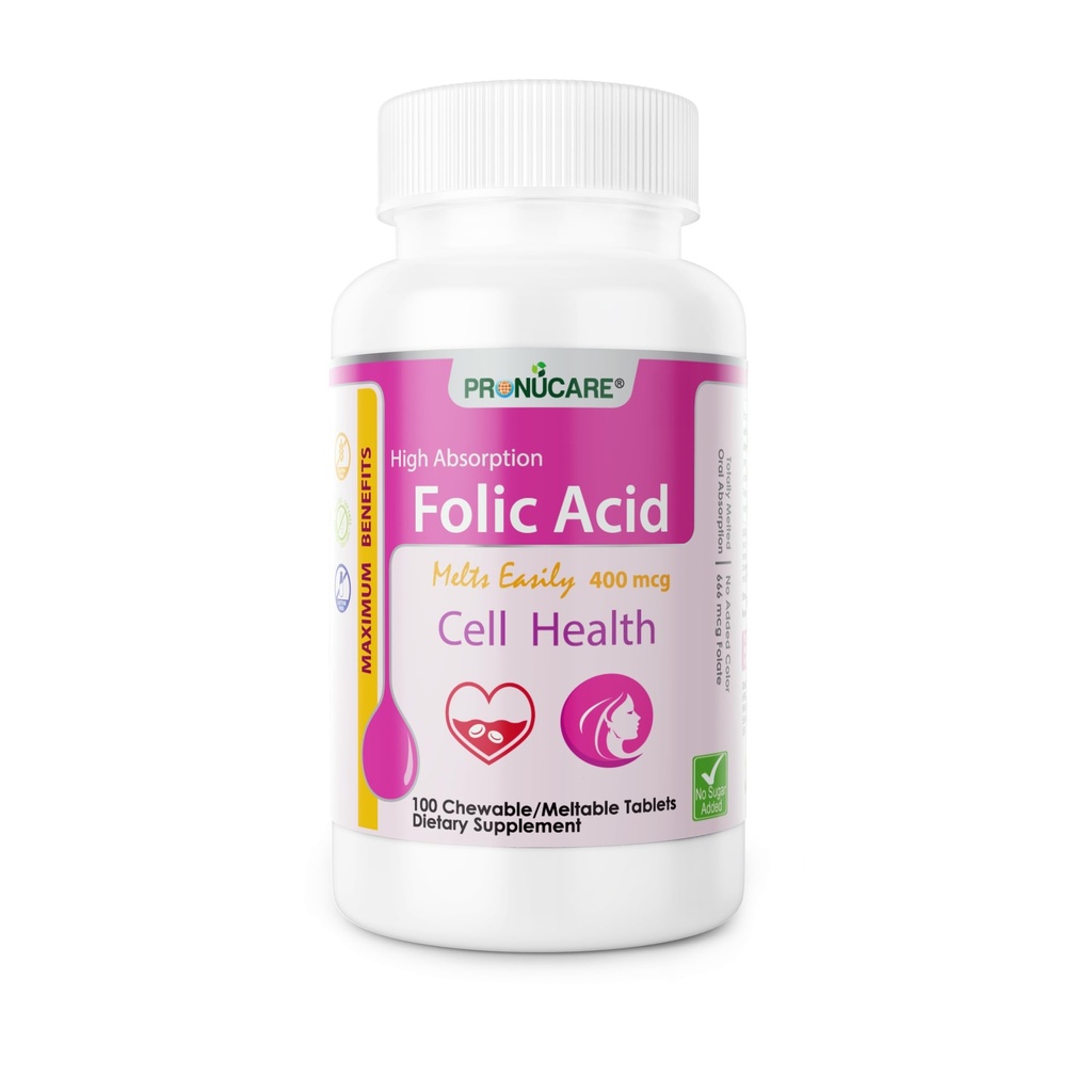 Folsyra 400 mcg Buccal Lozenge tabletter - långsamt lösa för snabb absorption, Prenatal & Neural Tube Support, Sugar-Free, 100 CT
