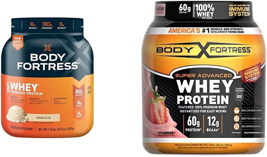 Body Fortress 100% Whey, Premium Protein Powder, Vanilja, 1,74lbs (Pakkaus May Vary) & 100% Whey, Premium Protein Powder, Mansikka, 1,78lbs (Packaging May Vary)