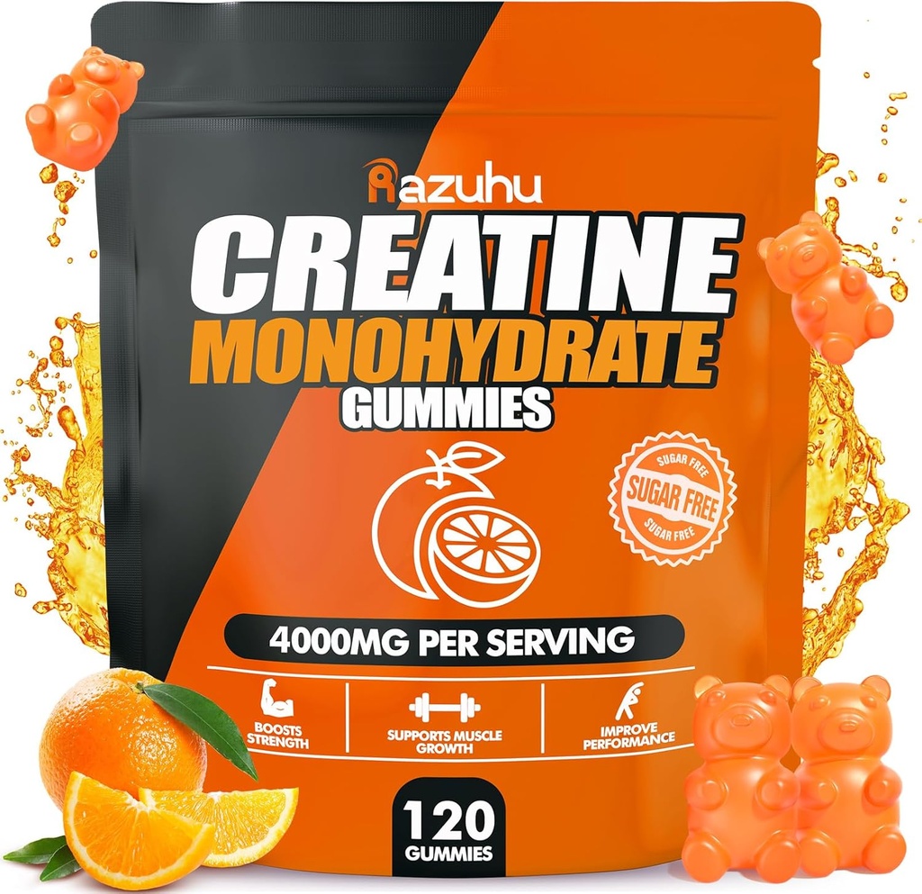 Kreatiini Monohydraatti Gummies for Men & Women, 4 g Creatiini Monohydraatti per tarjoilu maksimaalinen teho vahvuus, suorituskyky, sokeriton, vegaaninen, pre-Workout täydentää(120 Count)-Orange