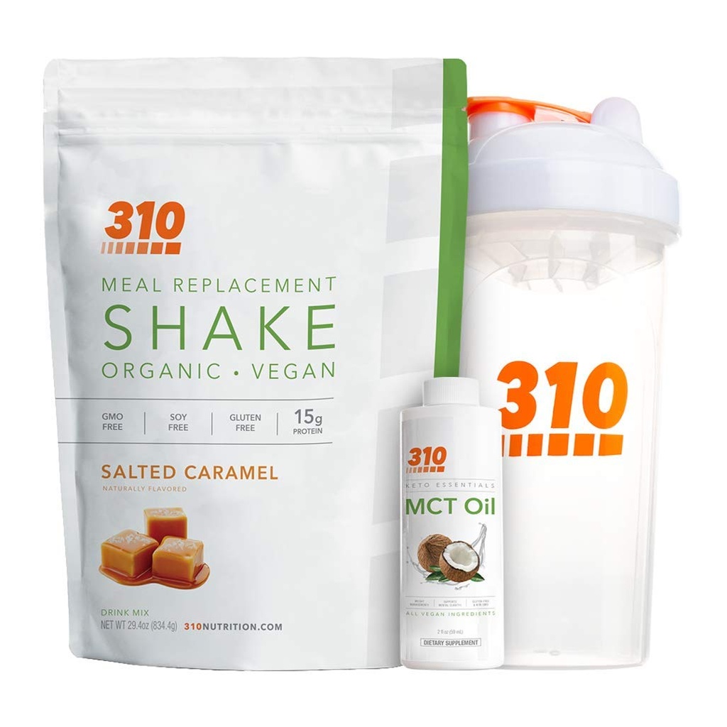 Vegan Organic Plant Protein Powder och Meal Replacement Shake med Shaker Cup och 2 Oz MCT Oil - Av 310 Nutrition - Gluten, Dairy och Soy Free - 0g socker | Keto och Paleo Friendly (Salted Caramel)