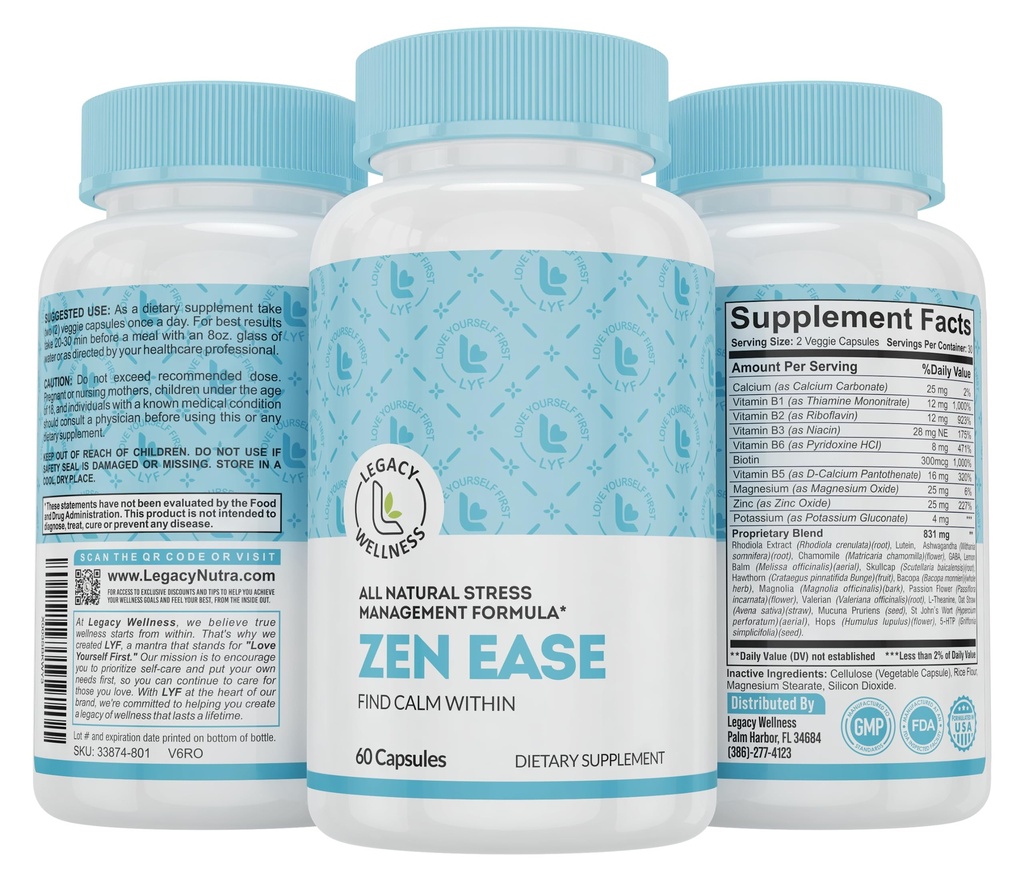 Legacy Wellness Zen Ease Calm Mind Supplement - Natural Vegan Formel - 5-HTP, Ashwagandha, St John's Wort, L-Theanine, Magnesium, B-Vitaminer - kapslar för att främja en bra känsla av fred