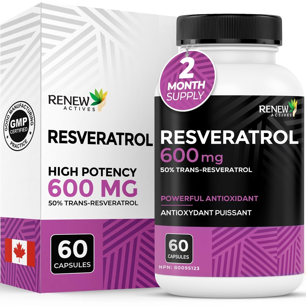 Renew Actives Resveratrol täydentää 600mg per Serving - High-Potency Antioxidant Complex 50% Trans-Resveratrol ... Tuet Cellular Health & Longevity - Made in Canada 60 Vegan Kapselit