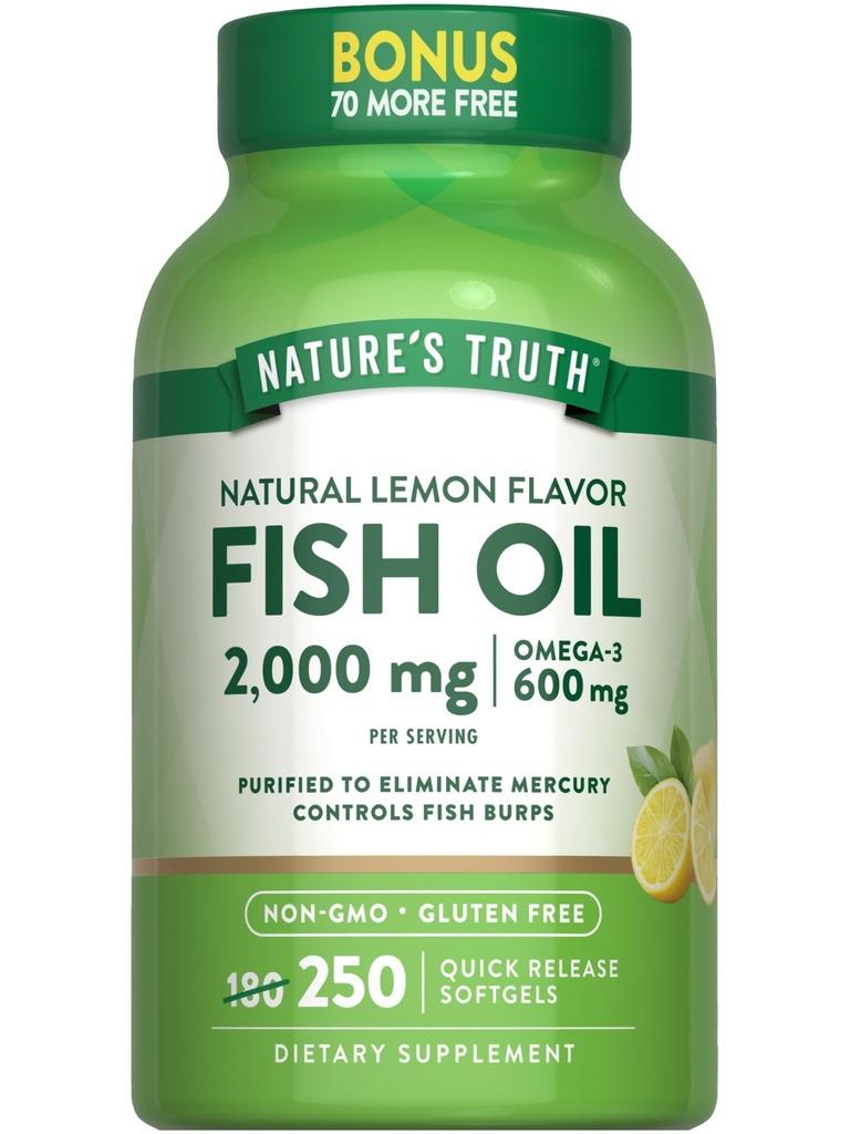 Naturens sanningsfiskolja 2000 mg | 600 mg Omega 3 | 250 Softgels | Naturlig citronsmak | Non-GMO och Gluten fri tillägg