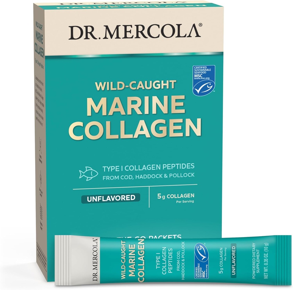 Tohtori Mercola Marine Collagen Powder Packets, 5g Collagen Per Serving, 15 tarjoilua (15 on-The-go-packets), Jauheellinen ravintolisä, Mautonta, Tyyppi 1 Kollageeni Peptides from Cod, Haddock & Pollock