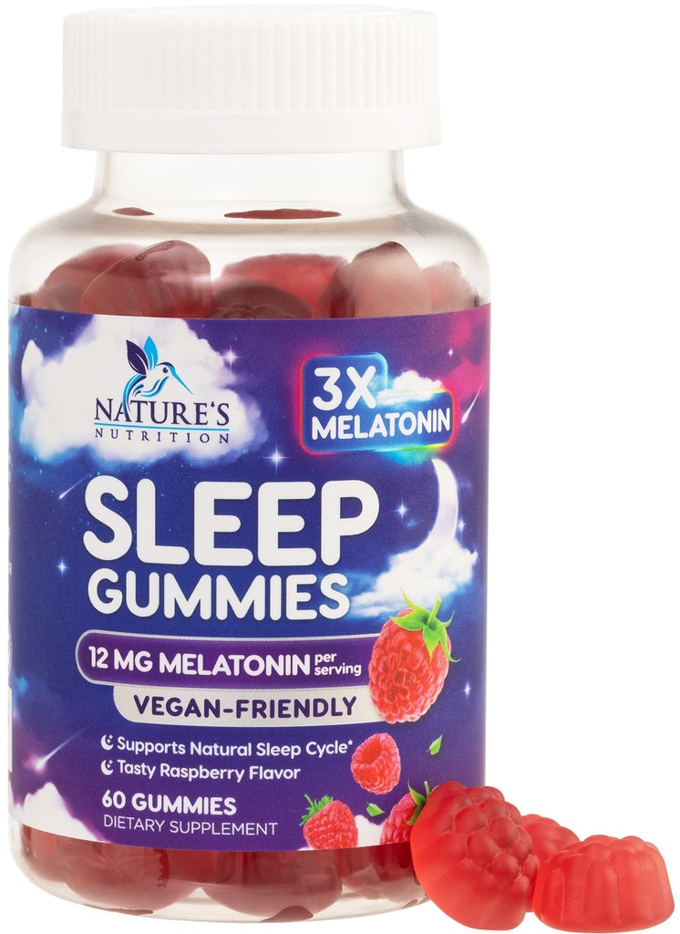 Sleep Gummies for Adults Extra Strength - 12 mg Melatoniini unipurukamun lisäravintolisä, melatoniinipurukumi satunnaiseen unitukeen, vegaaninen, ei-GMO, gluteeniton, Gomitas para Dormir, 60 Gummie