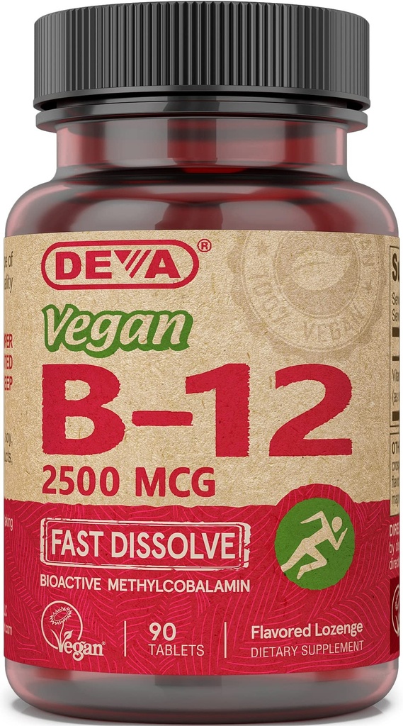 Deva Vegan-vitamiinit B-12, korkea teho 2500 mikrog B12, nopea liuottaminen, sublingual, 90 tablettia (pakkaus 3)