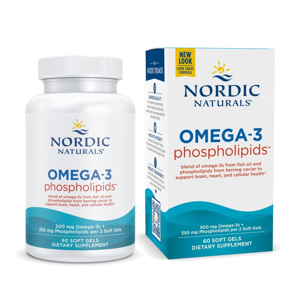 Nordic Naturals Omega-3 Phospholipids, Unflavored - 60 Soft Gels - 500 mg Omega-3 & 350 mg Fosfolipider - Hjärta & Hjärnhälsa - Små, Lätt att Svälja Mjuka Gels - Icke-GMO - 30 portioner
