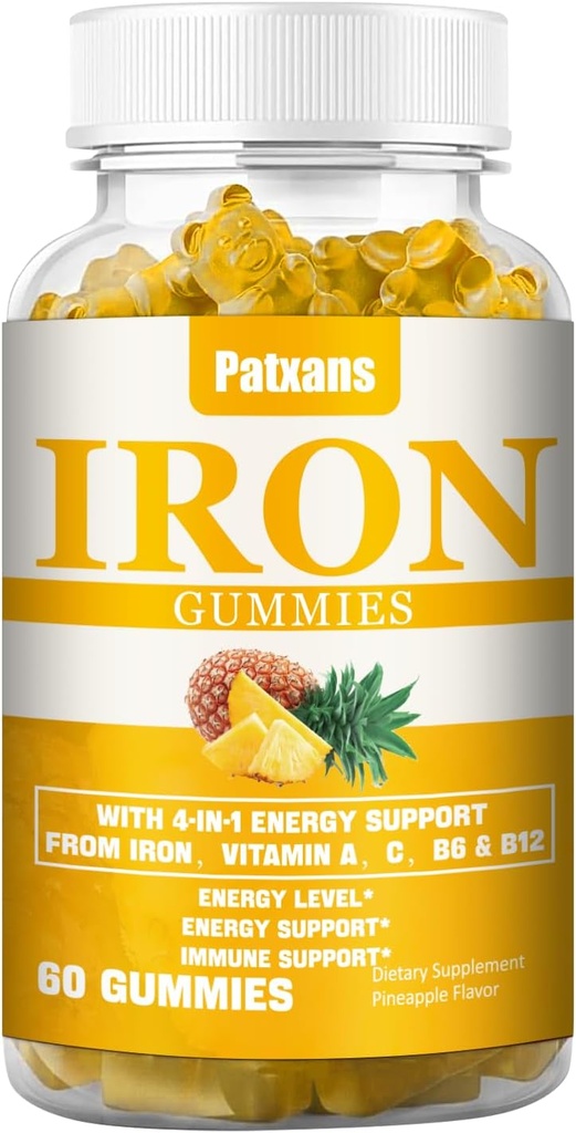1 Pack 100MG Järntillskott Gummies för kvinnor och män - med vitamin A, C, B - Energistöd för järnbrist, Anemi, Vuxna och barn, Ananas smak Gummy, 60ct.