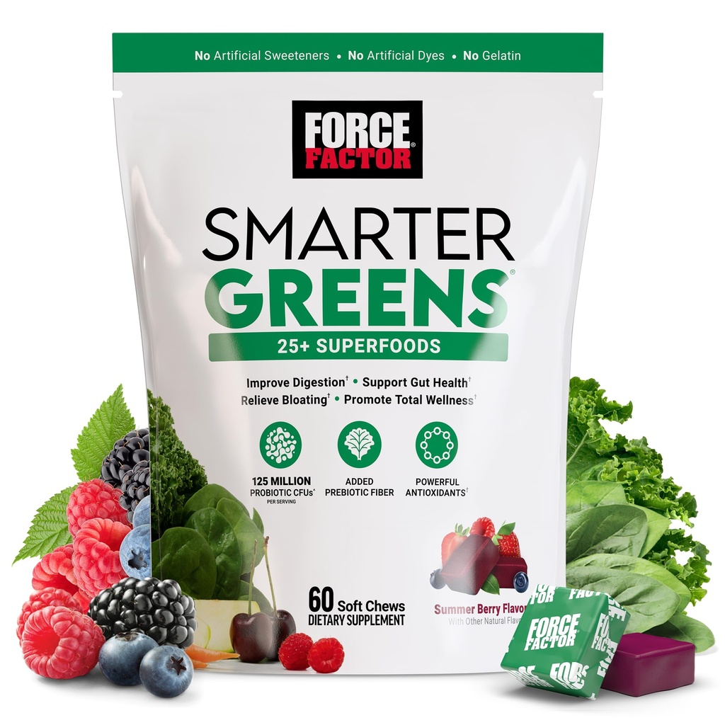 FORCE FACTOR Smartter Greens Superfood Chews, Greens and Superfoods Probiootteja, Antioksidantteja ja kuitua, Greens Supplement to Support Digestion, Typpioksidia, ja energia, 60 pehmeää purukumia
