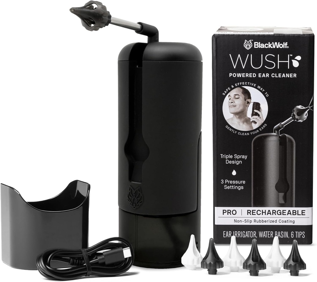 Wush Pro By By Black Wolf- Deluxe Water Powered Ear Cleaner- turvallinen ja tehokas- Electric Triple Jet Stream 3 paineasetukset korvavahaa rakentaa korva vahanpoisto Kit- vesitiivis USB Ladattava