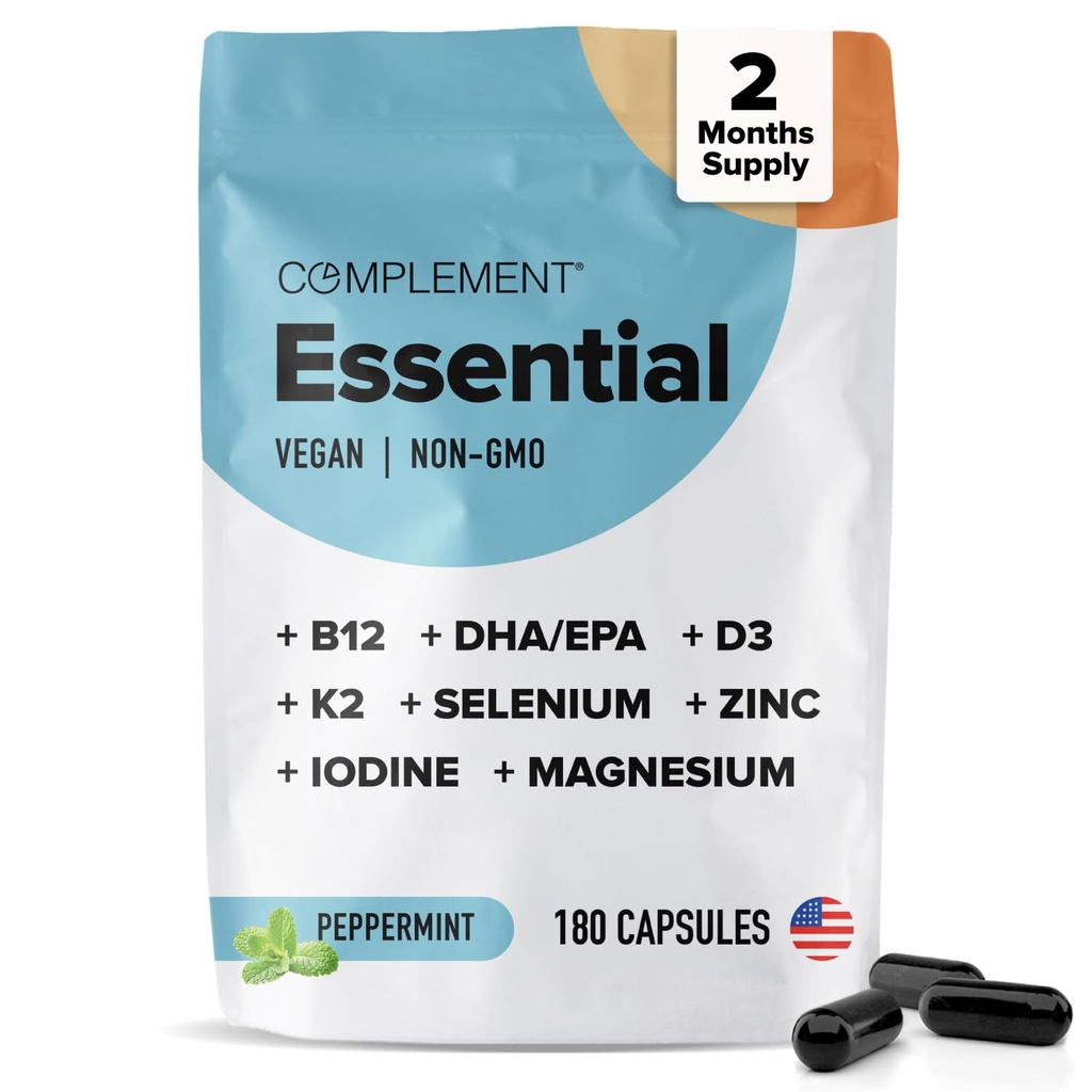 Täydennys Essential Vegan Multivitamiini miesten ja naisten (60 tarjoilua, 180 kapselia) kanssa Omega-3 DHA & EPA, B12, D3 & K2, Sinkki, Seleeni, Magnesium, jodi - tukee immuniteettia ja yleistä terveyttä