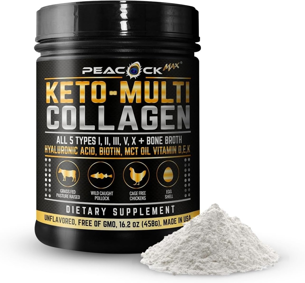 Keto Multi Collagen Peptides 16,2 oz - Bone Broth Protein Powder, jossa on 5 tyyppiä hydrolysoitu kollageeni, MCT öljy & biotiini iholle, nivelet, hiukset ja kynnet, makuamaton kollageenijauhe