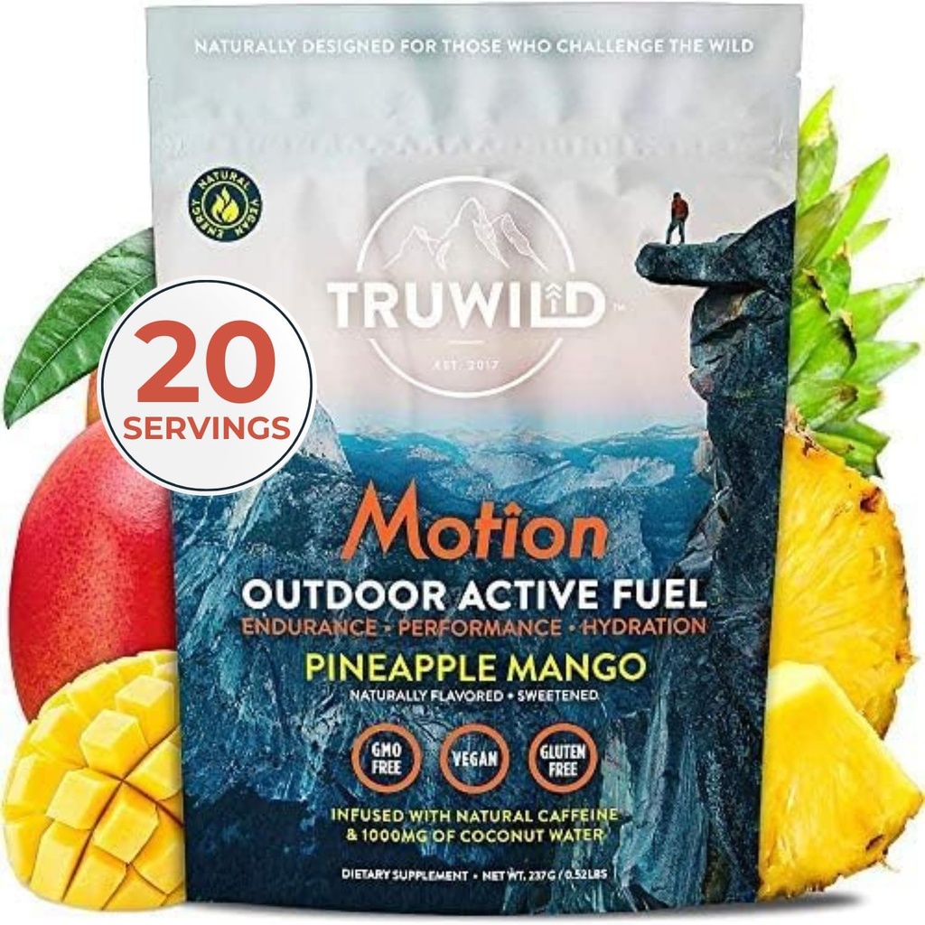 TruWild Motion All Natural Pre Treout Powder Drink Mix for Men & Women with no Jitters or Crash, Whole Food Plant Based Vegan, Organic with Electrolytes + BioPerine, 20 Palvelua (Pineapple Mango)
