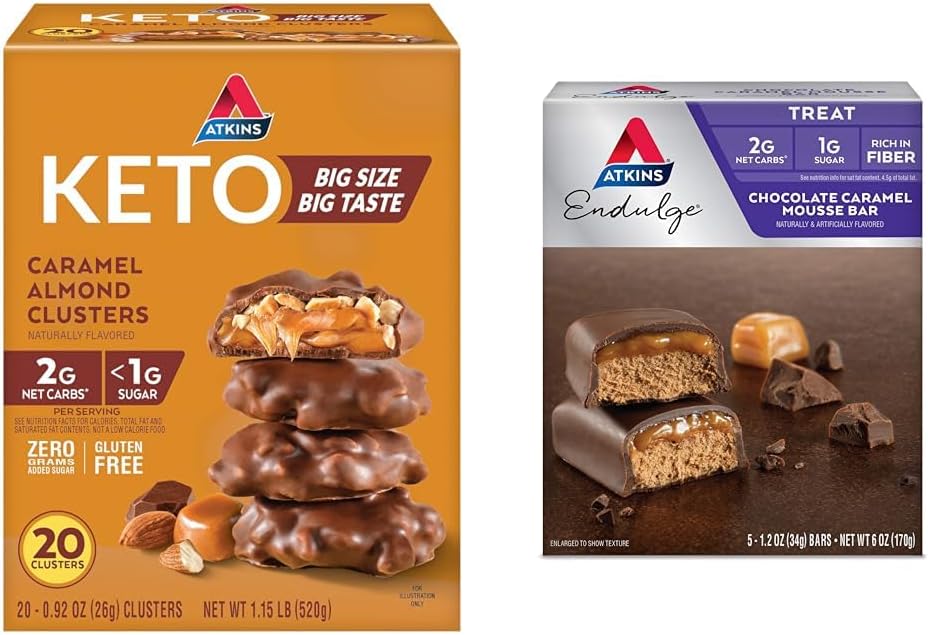 Atkins Caramel Almond Clusters, Gluteeniton, Korkea kuitu, 1g sokeria, 2g Net Carb, Keto Friendly, 20 Count & Endulge Chocolate Caramel Mousse Bar, Jälkiruoka Suosikki, 1g sokeria, Korkea kuitua, 5 Count
