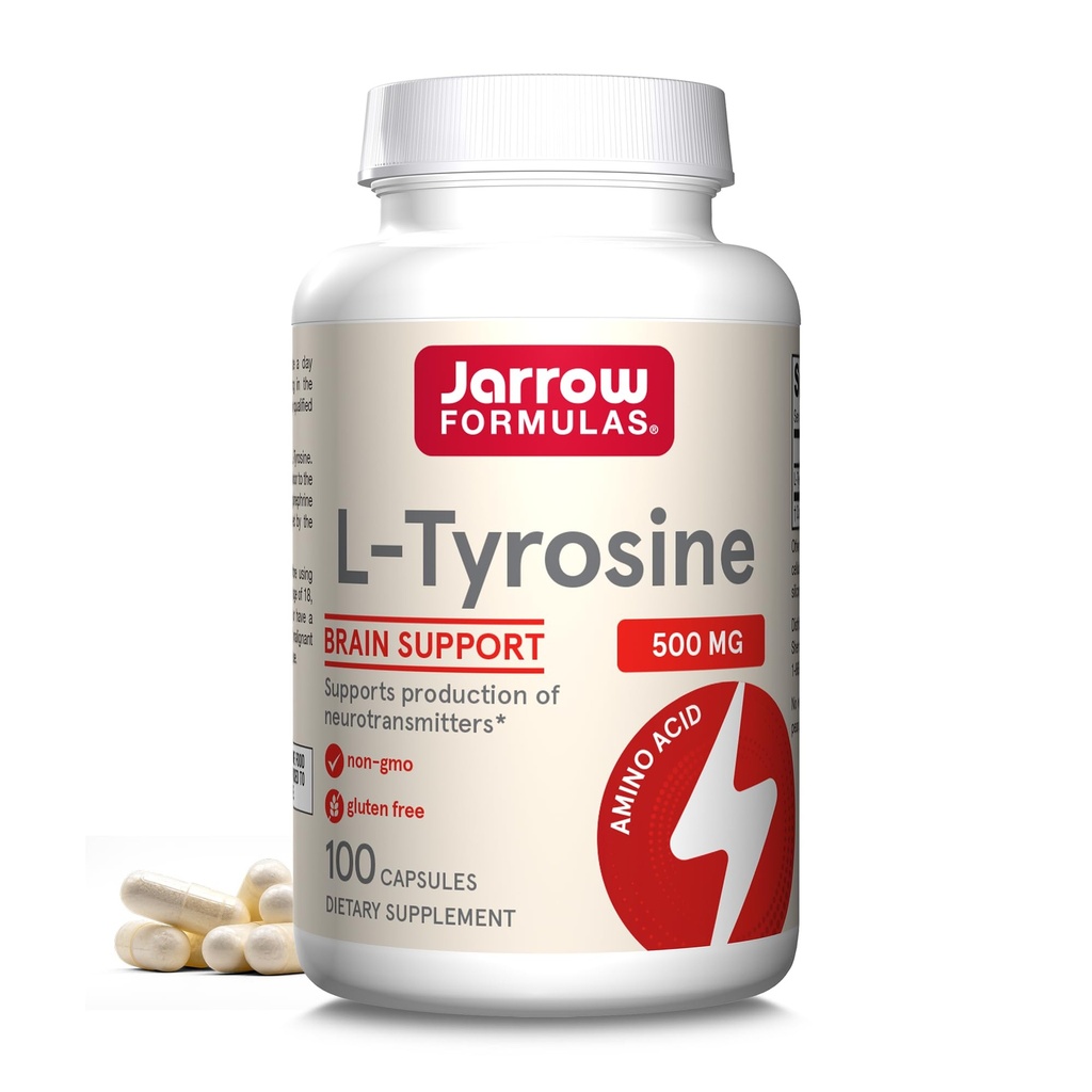 Jarow Formulas® L-tyrosiini 500 mg, ravintolisä, Aminohappolisä aivojen terveystukeen, 100 kapselia, 100 päivän toimitus
