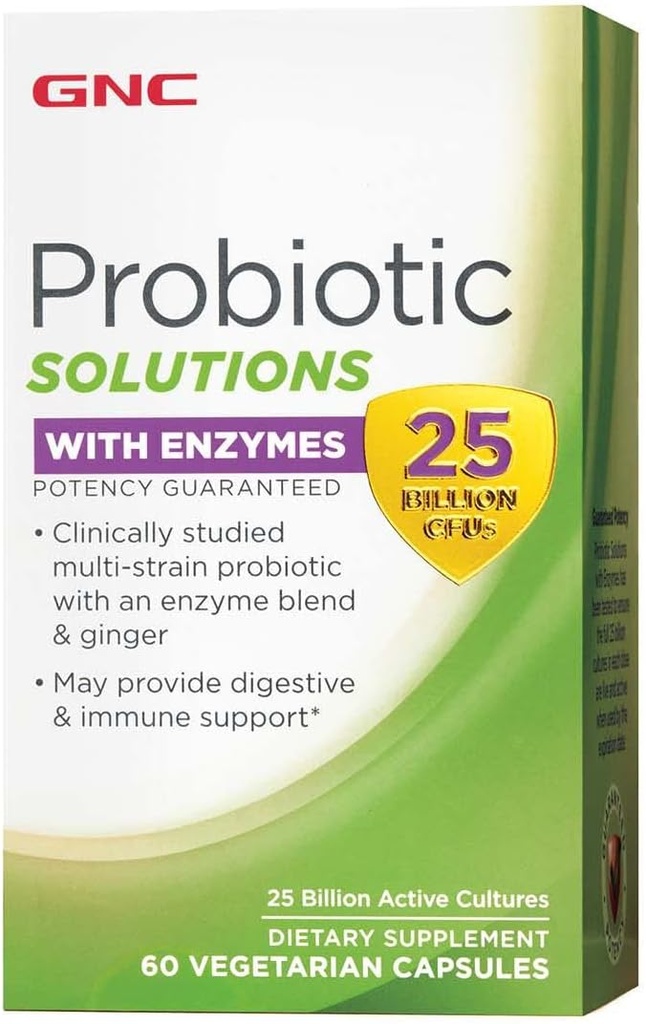 GNC Probiotic Solutions Enzymes, Tarjoaa Ruoansulatus- ja immuunitukea, 25 miljardia PMY, 60 kasvissyöjä kapselia, 60 tarjoilua
