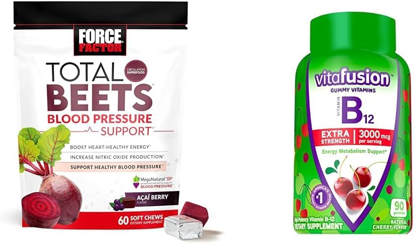 Force Factor yhteensä Beets Verenpaineen tuki viinirypäleensiemenuute & Vitafuusio Extra vahvuus B12 energia, kirsikka makuja