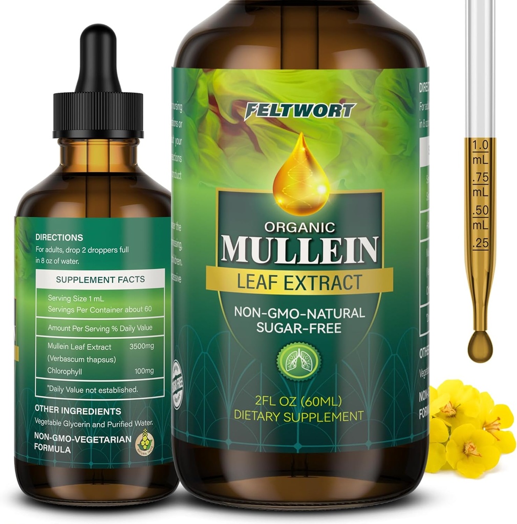 Mullein Drops - Lung Cleanse - Leaf Extract - Kraftfull Mullein för immunstöd, Detox & Respiratory Support - Herbal Supplements - 2 Oz-6