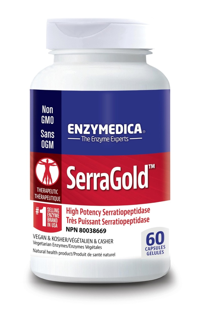 Enzymedica, SerraGold, korkean tehon Serrapeptaasi-entsyymilisä, tukee hengitystä, sydän- ja immuunitoimintaa, 60