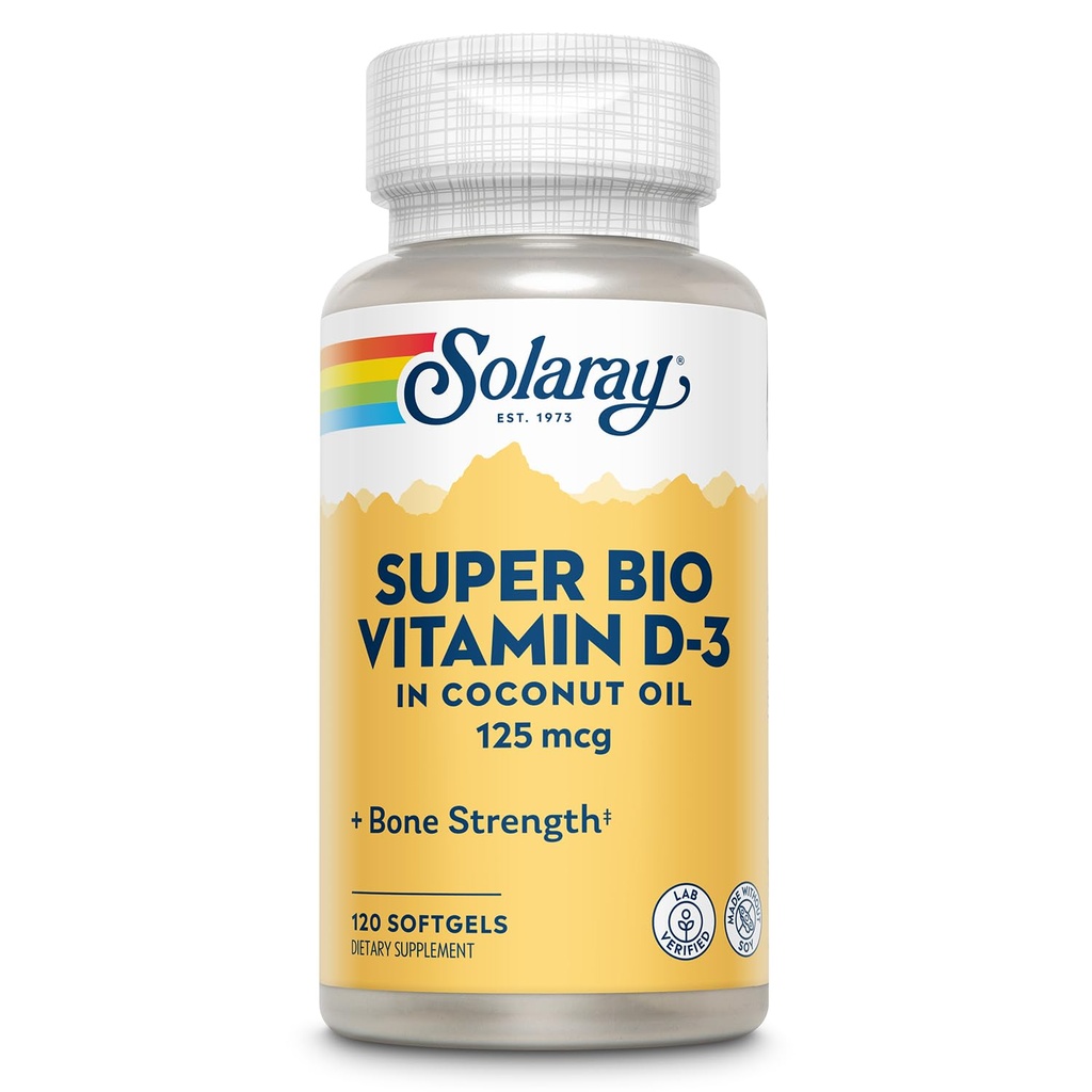 SOLARAY Super Bio-vitamiini D3 Coconut Oil - D3-vitamiini 5000 IU - Bone Health and Immuno Support Supplement - Lab Varmennettu, Made Wtihout Soy, 60 päivän takuu - 120 Softgels, 120 Servings