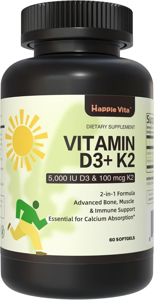 D3-vitamiini K2, D3-vitamiini 5000 IU (125 mikrog) + K2-vitamiini 100 mikrog, 2 1 D3-vitamiinia ja K2-lisät luun, hampaiden, lihasten ja immuuniterveyden tukeen, 60 Softgelia