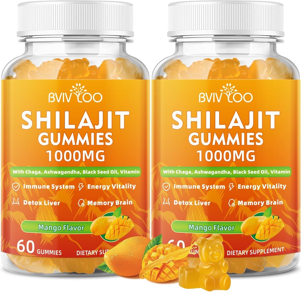 2 pakkausta Shilajit Gummies 1000 mg sokeriton - Shilajit täydentää miehille ja naisille - korkea 85 + Trace Minerals & Fulvic Acid - energia, aivot, immuniteetti - 120 Gummies